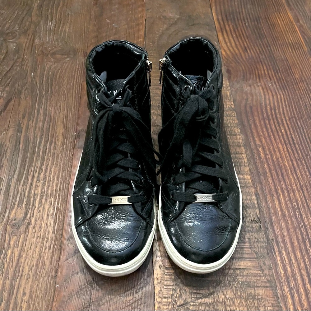 DKNY Hitop Distressed Black Leather Sneakers.  EUC